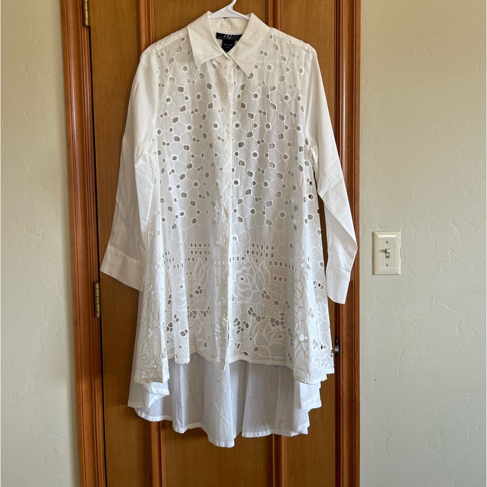 Midnight Velvet Casual Church Work White Cotton Tunic Blouse. Womens Size L